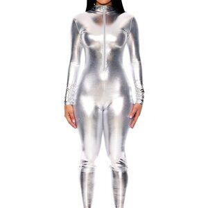 Women's Silver Metallic Zip Front Mock Neck Halloween Costume Catsuit Bodysuit